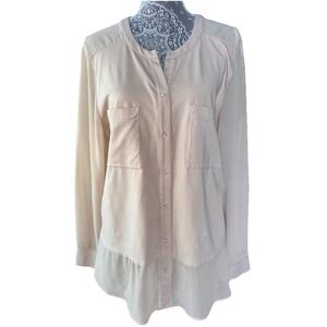 Ann Taylor XL Button Up Career Blouse Pockets Sheer Sleeves & Hem Beige Tones